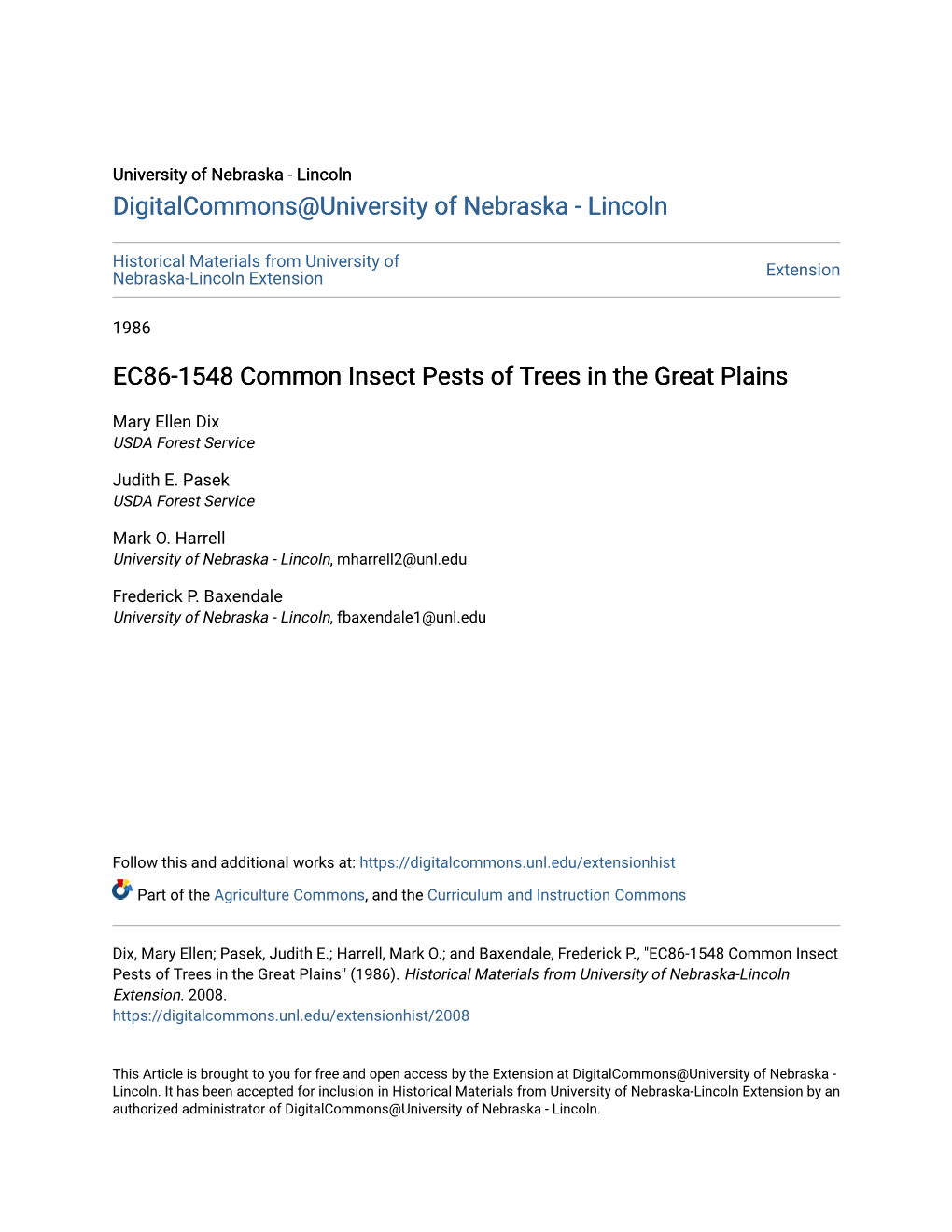 EC86-1548 Common Insect Pests of Trees in the Great Plains