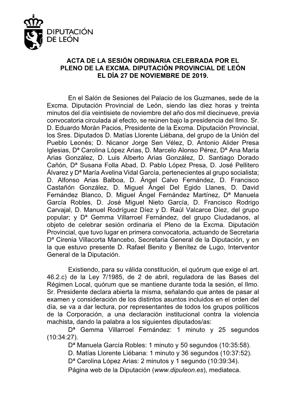 Acta De La Sesión Ordinaria Celebrada Por El Pleno De La Excma. Diputación Provincial De León El Día 27 De Noviembre De 2019