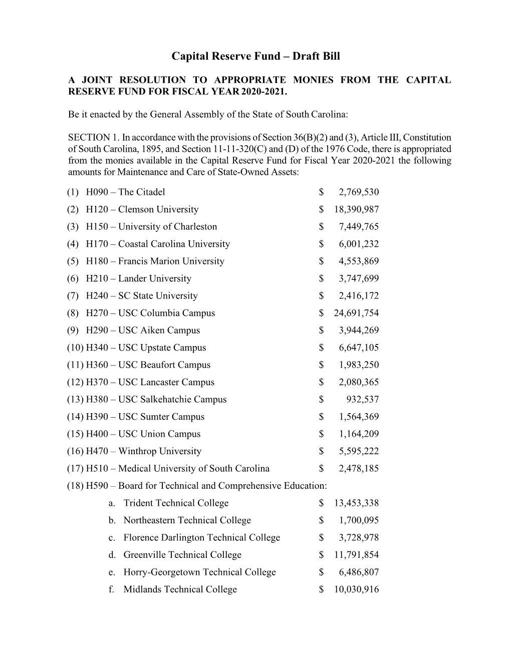 Capital Reserve Fund – Draft Bill