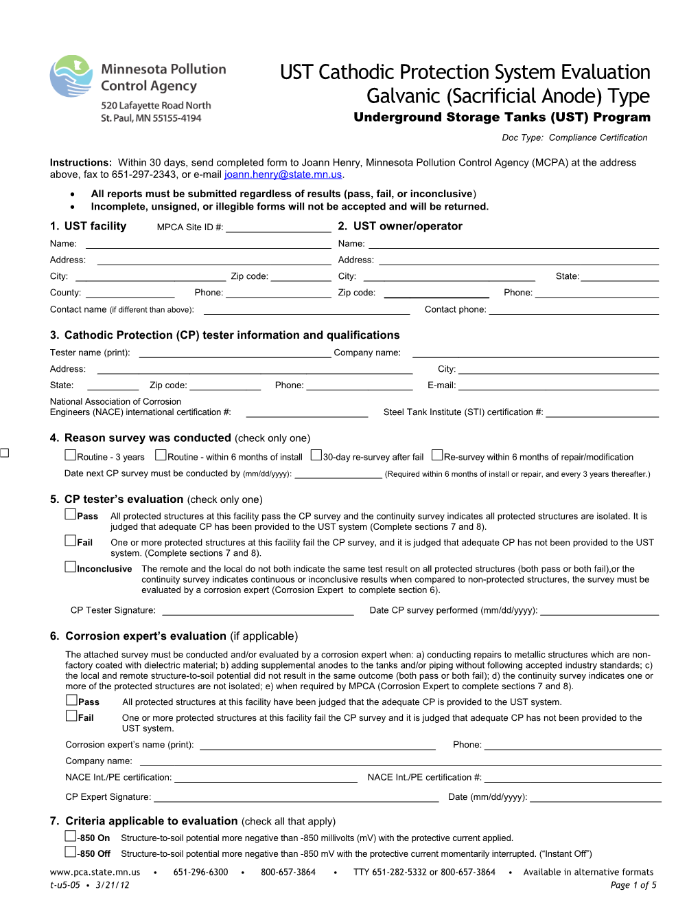 UST Cathodic Protection System Evaluation Galvanic (Sacrificial Anode) Type - Form