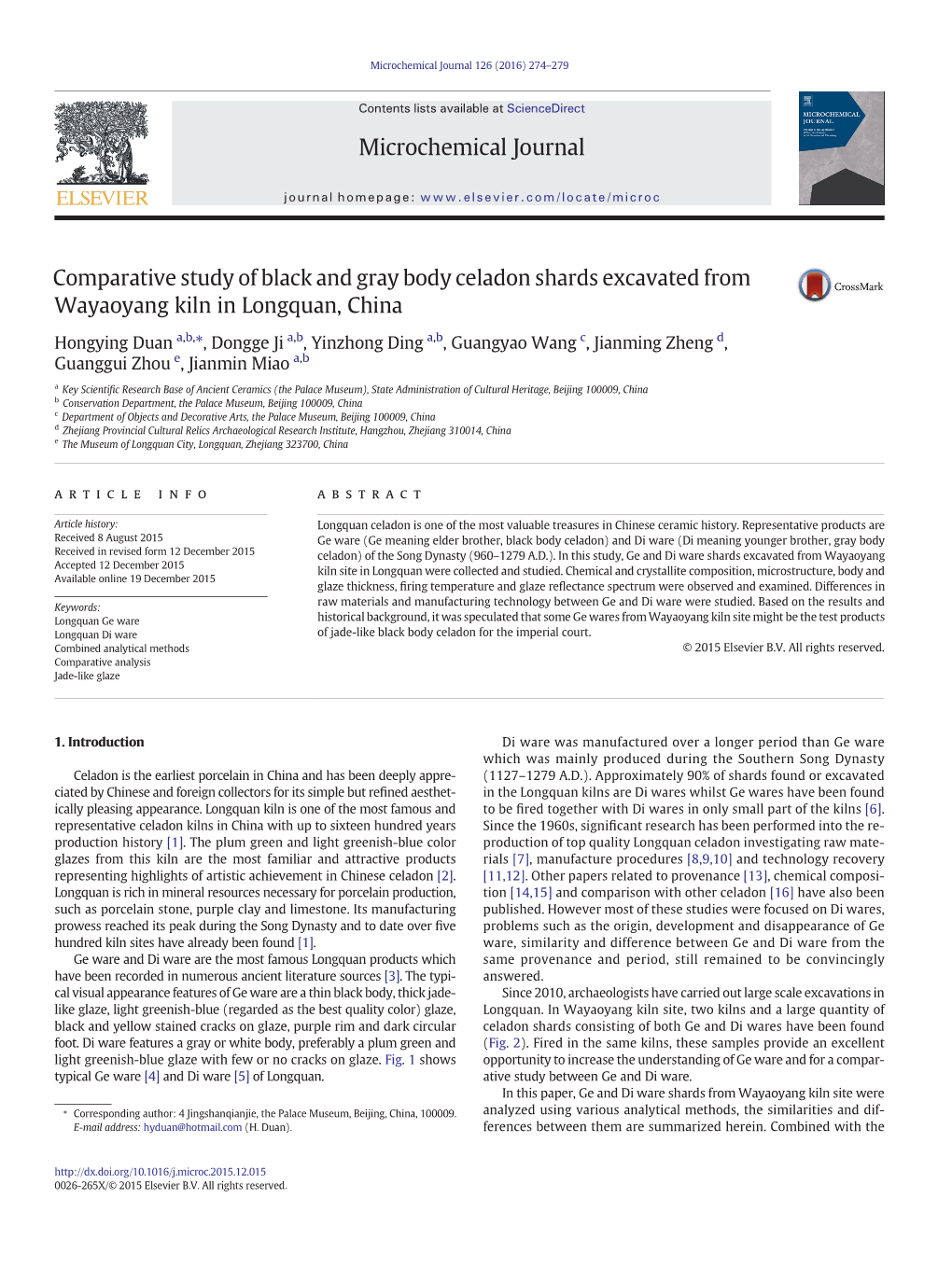 Comparative Study of Black and Gray Body Celadon Shards Excavated from Wayaoyang Kiln in Longquan, China