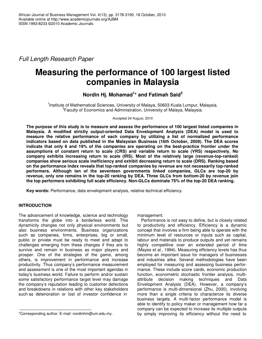 Measuring the Performance of 100 Largest Listed Companies in Malaysia