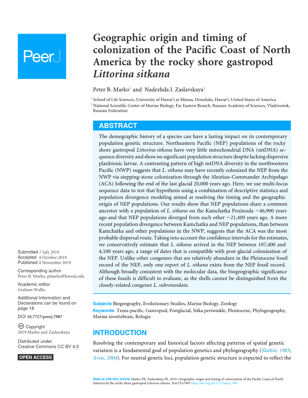 Geographic Origin and Timing of Colonization of the Pacific Coast of North America by the Rocky Shore Gastropod Littorina Sitkana