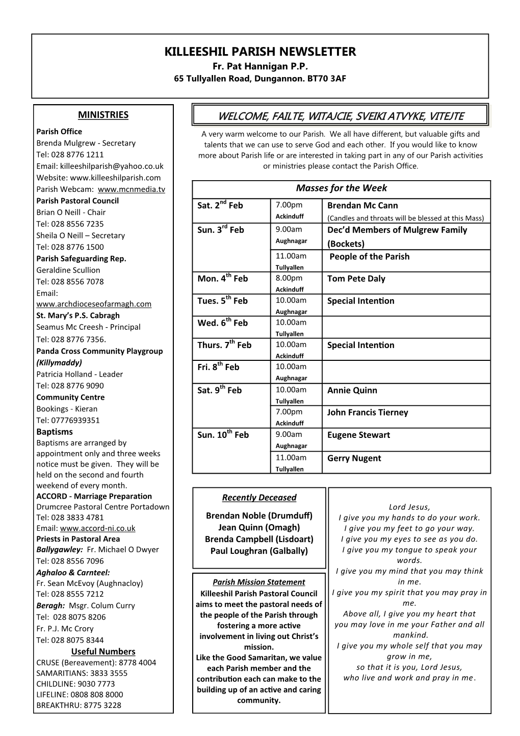 KILLEESHIL PARISH NEWSLETTER Fr