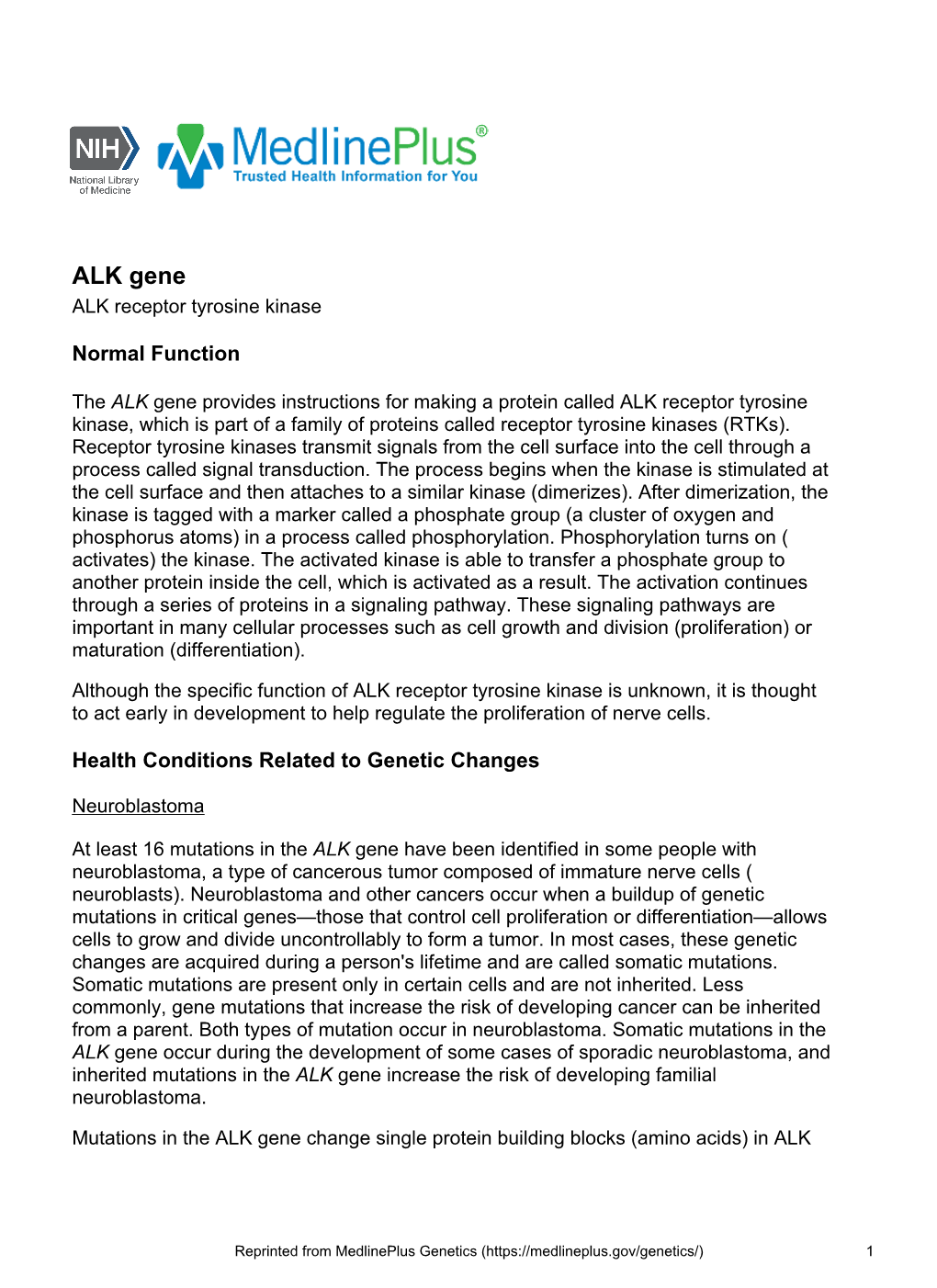 ALK Gene ALK Receptor Tyrosine Kinase