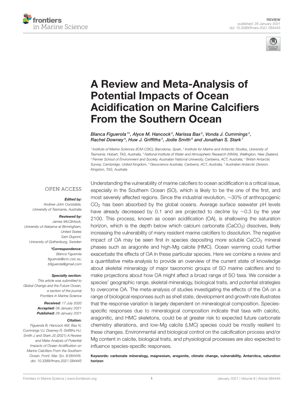 A Review and Meta-Analysis of Potential Impacts of Ocean Acidiﬁcation on Marine Calciﬁers from the Southern Ocean