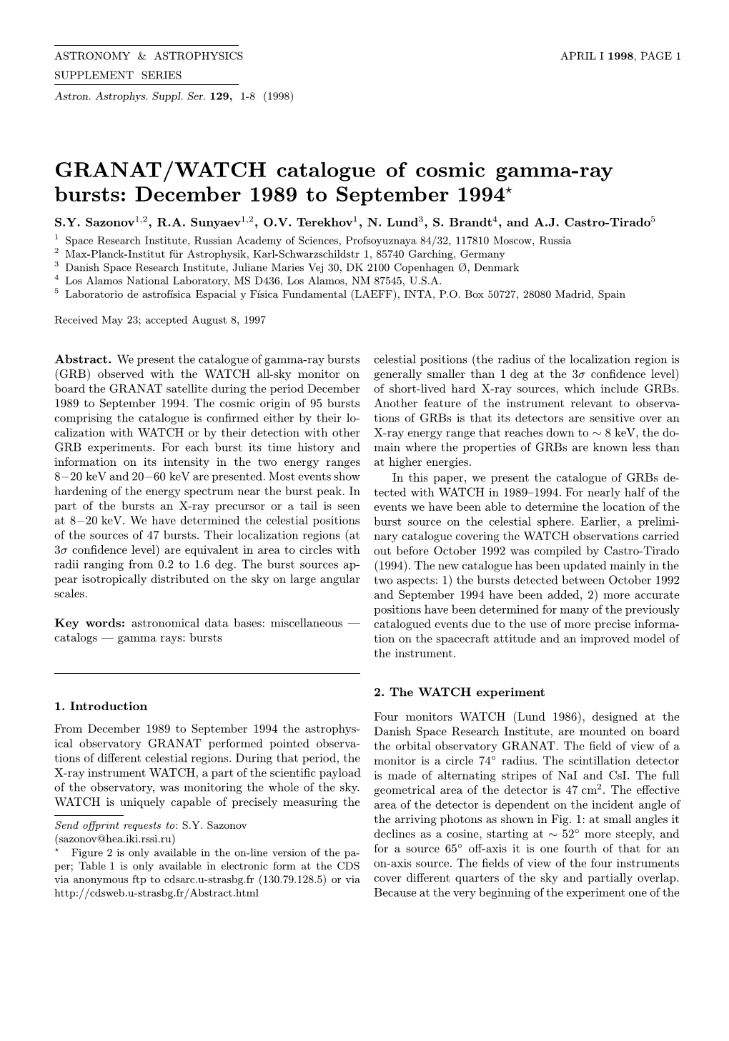 GRANAT/WATCH Catalogue of Cosmic Gamma-Ray Bursts: December 1989 to September 1994? S.Y