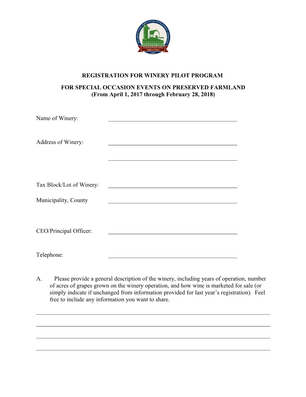 Registration for Winery Pilot Program