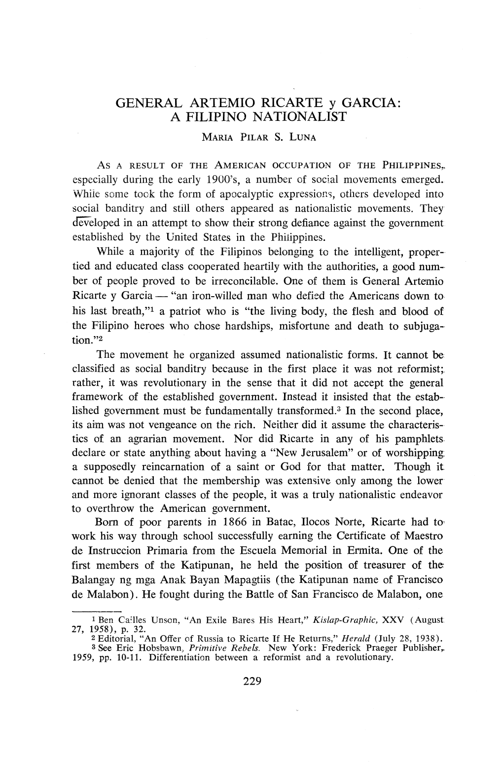 GENERAL ARTEMIO RICARTE Y GARCIA: a FILIPINO NATIONALIST MARIA PILAR S