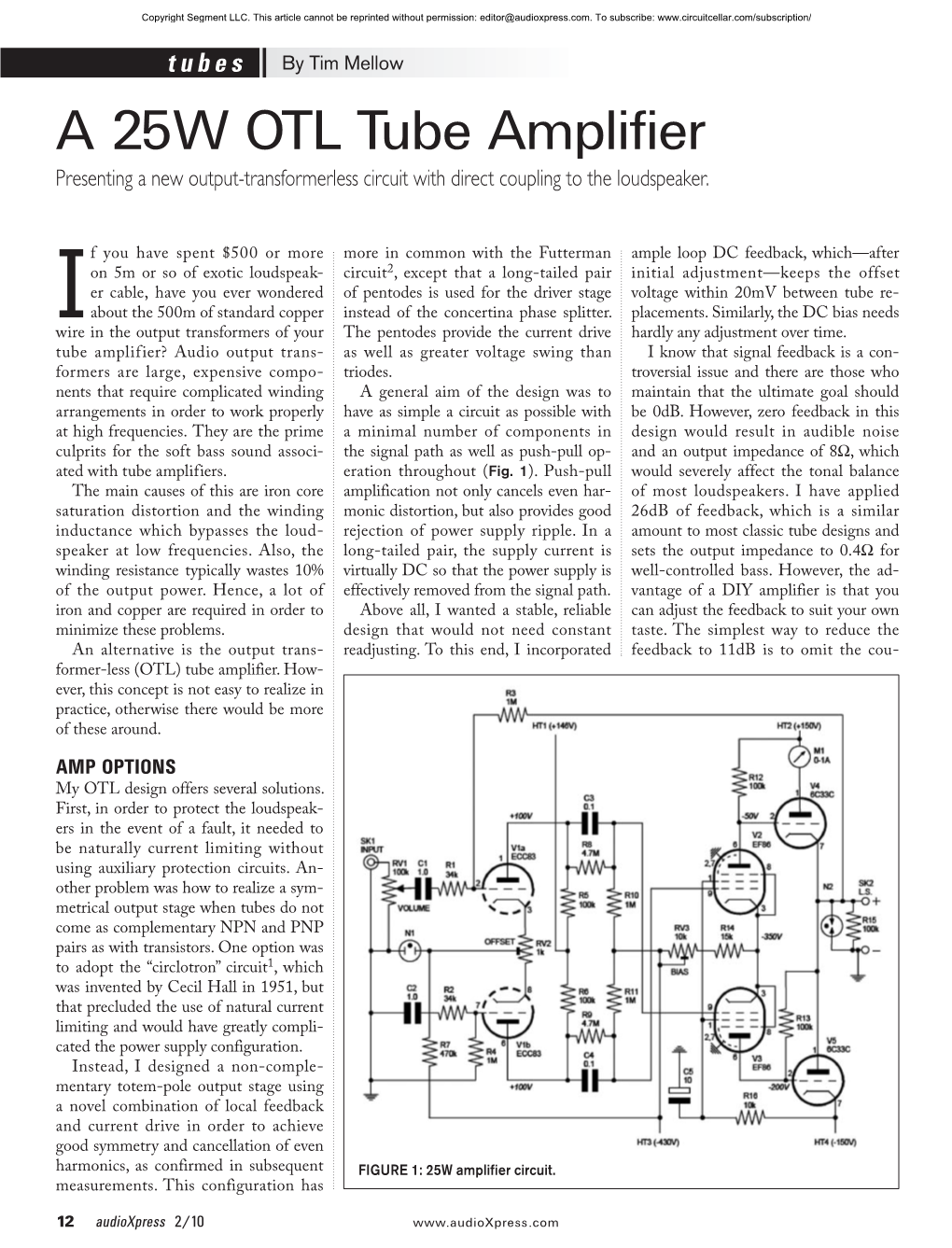 A 25W OTL Tube Amplifier Presenting a New Output-Transformerless Circuit with Direct Coupling to the Loudspeaker