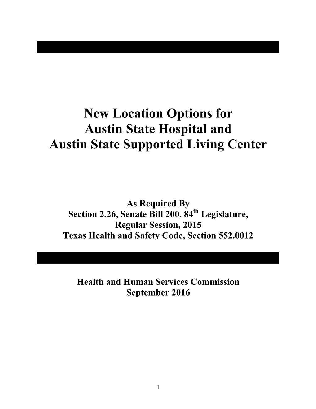 New Location Options for Austin State Hospital and Austin State Supported Living Center