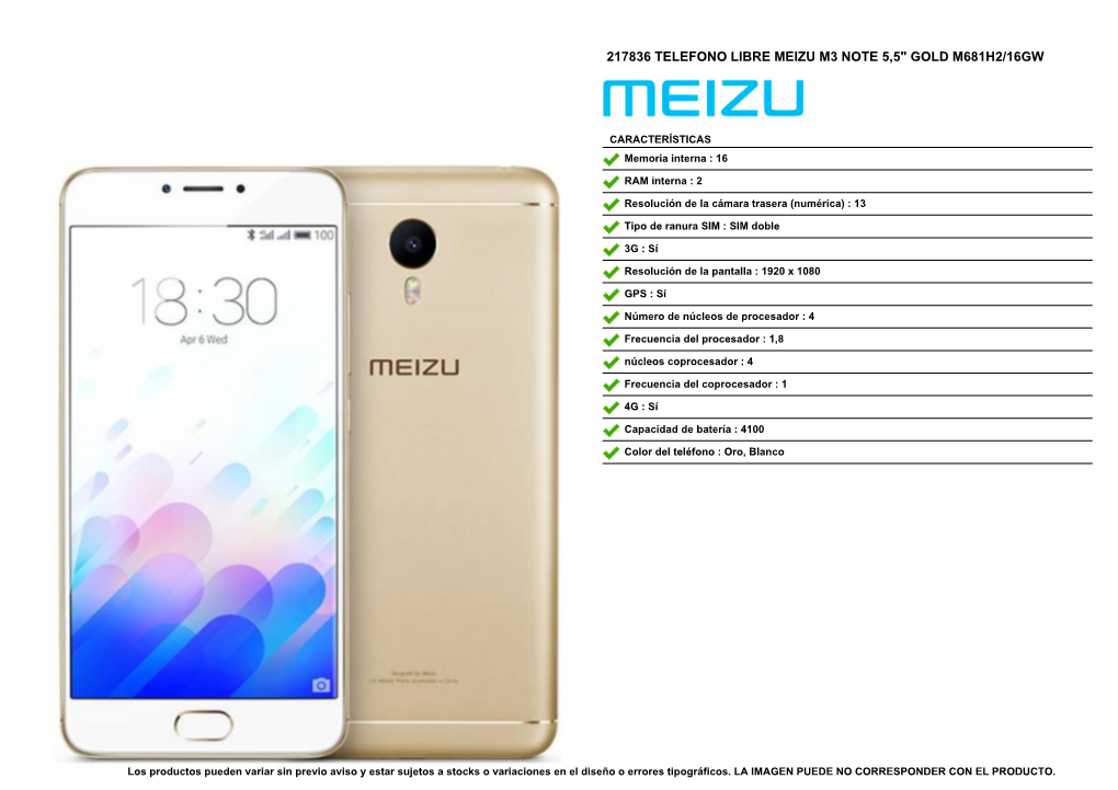 217836 Telefono Libre Meizu M3 Note 5,5" Gold M681h2/16Gw