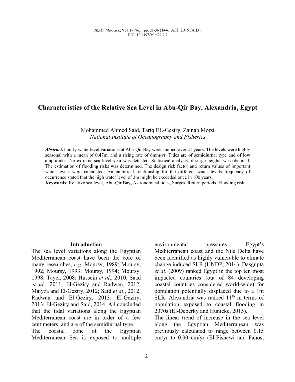 Characteristics of the Relative Sea Level in Abu-Qir Bay, Alexandria, Egypt