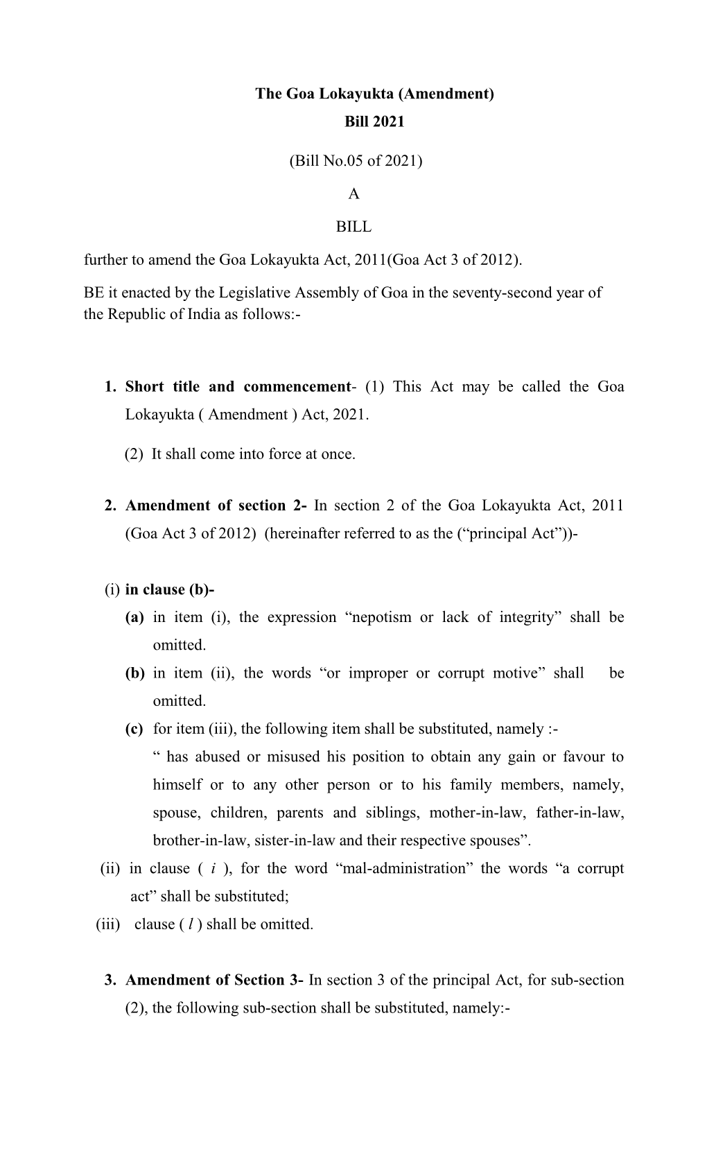 The Goa Lokayukta (Amendment) Bill 2021
