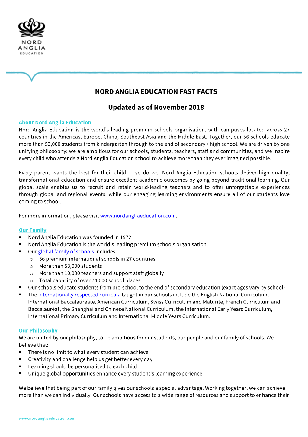 NORD ANGLIA EDUCATION FAST FACTS Updated As of November
