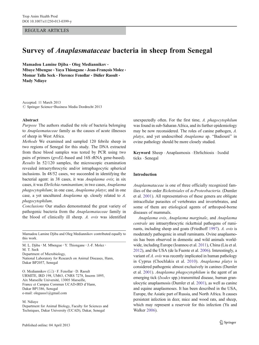 Survey of Anaplasmataceae Bacteria in Sheep from Senegal