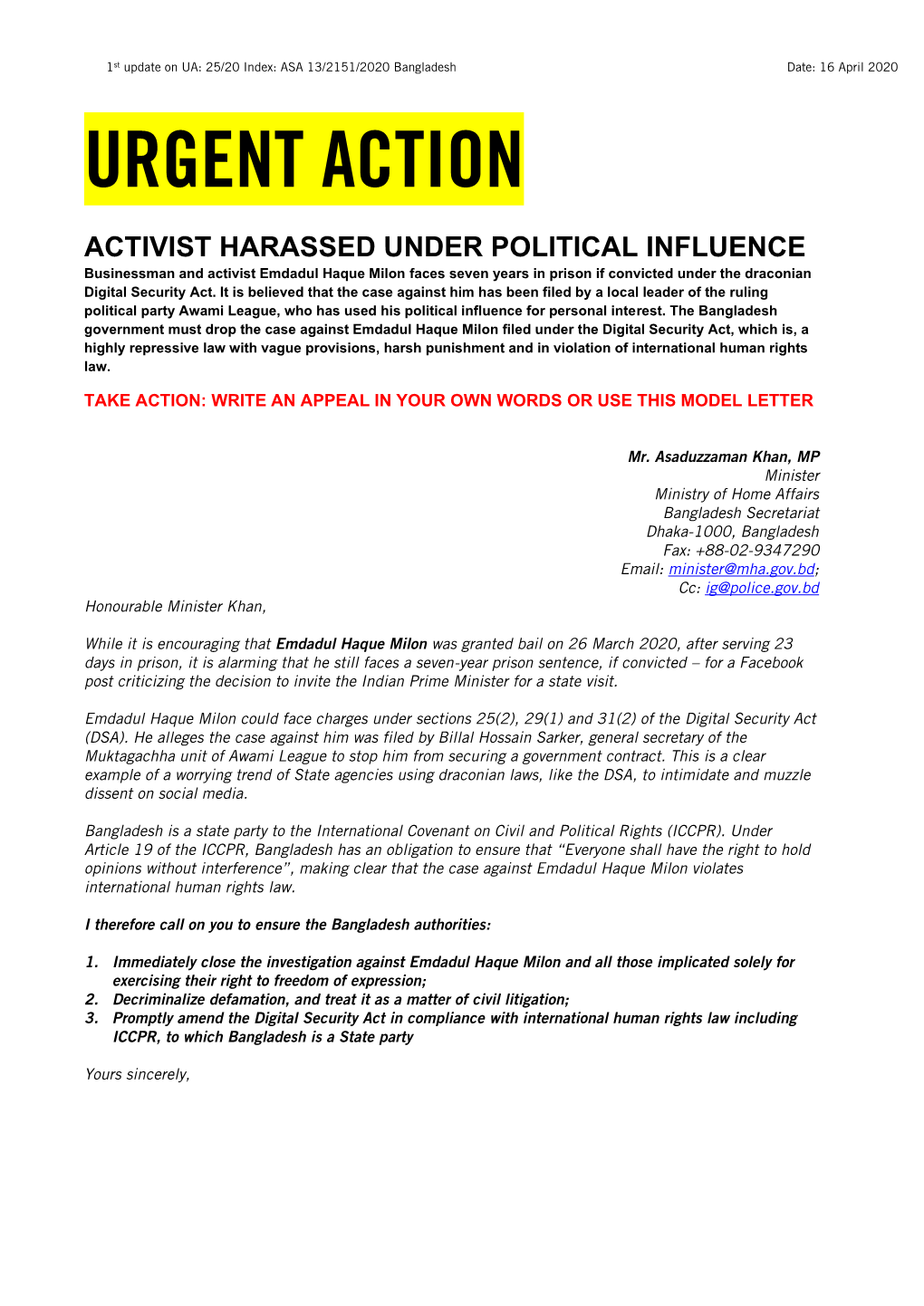 Urgent Action