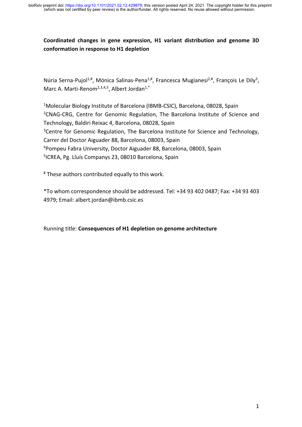 Coordinated Changes in Gene Expression, H1 Variant Distribution and Genome 3D Conformation in Response to H1 Depletion