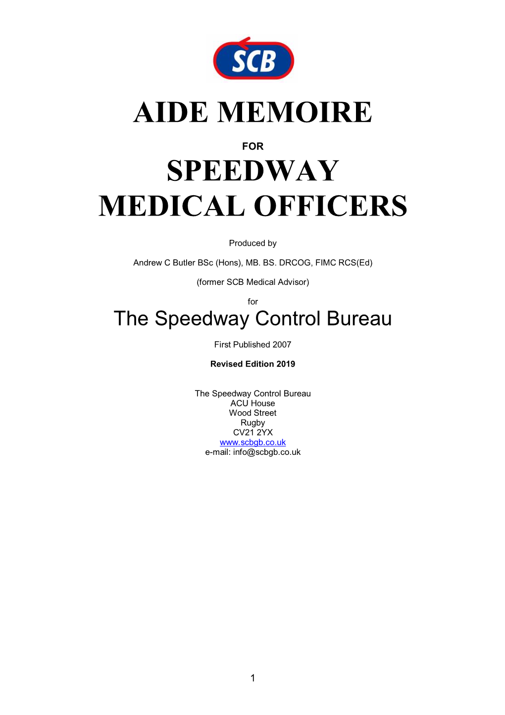 Aide Memoire Speedway Medical Officers