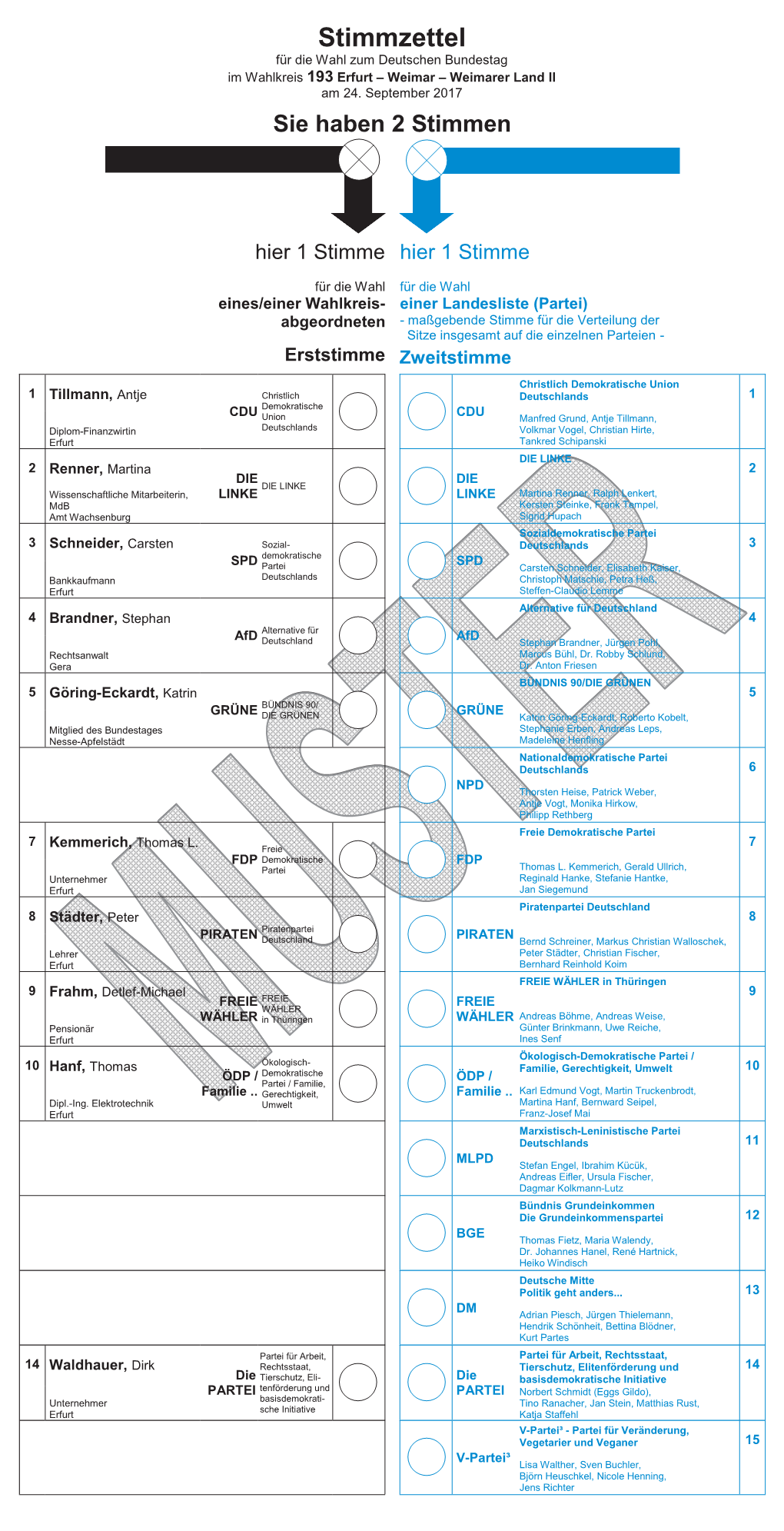 Stimmzettel Für Die Wahl Zum Deutschen Bundestag Im Wahlkreis 193 Erfurt – Weimar – Weimarer Land II Am 24