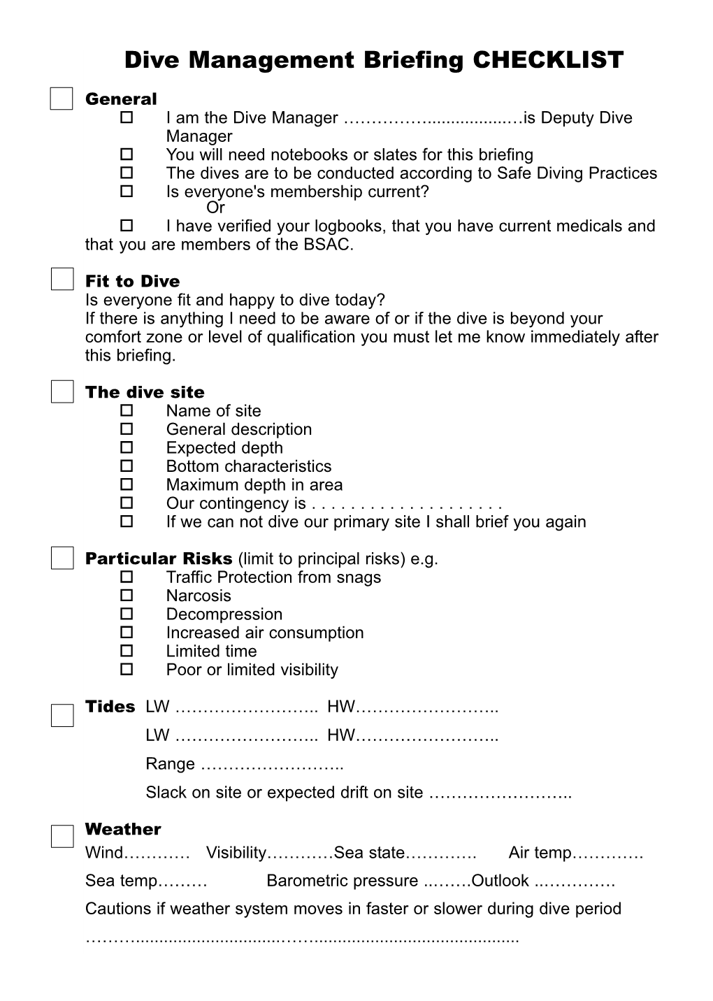 Dive Management Briefing CHECKLIST