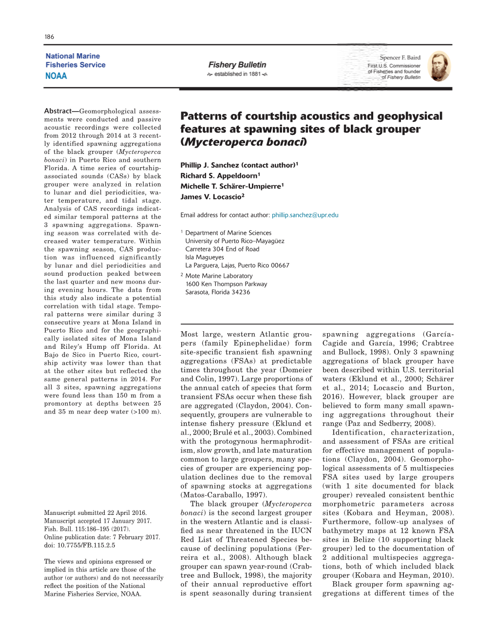 Patterns of Courtship Acoustics and Geophysical Features at Spawning Sites of Black Grouper (Mycteroperca Bonaci)