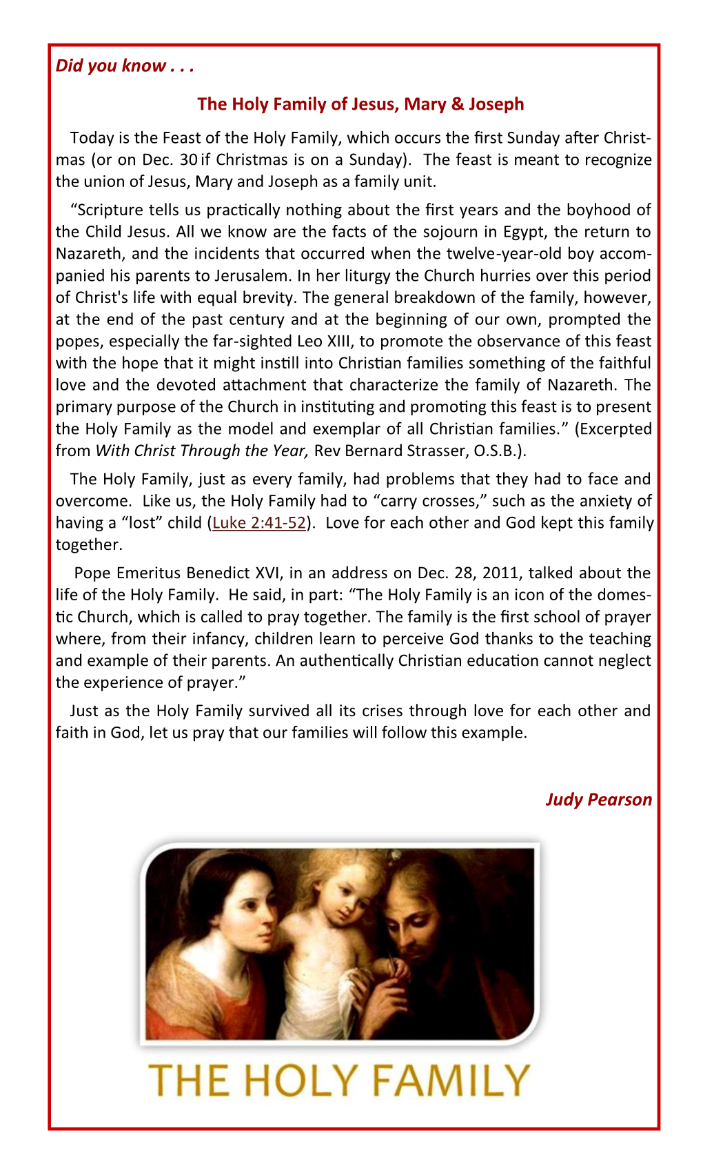 Did You Know . . . the Holy Family of Jesus, Mary & Joseph Judy Pearson