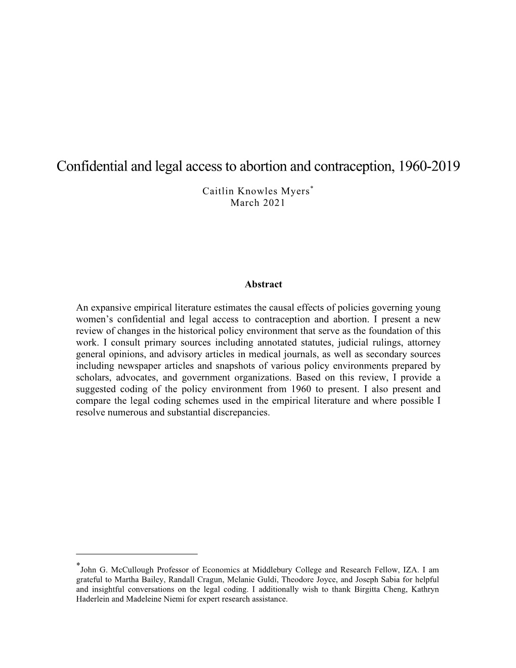 Confidential and Legal Access to Abortion and Contraception, 1960-2019