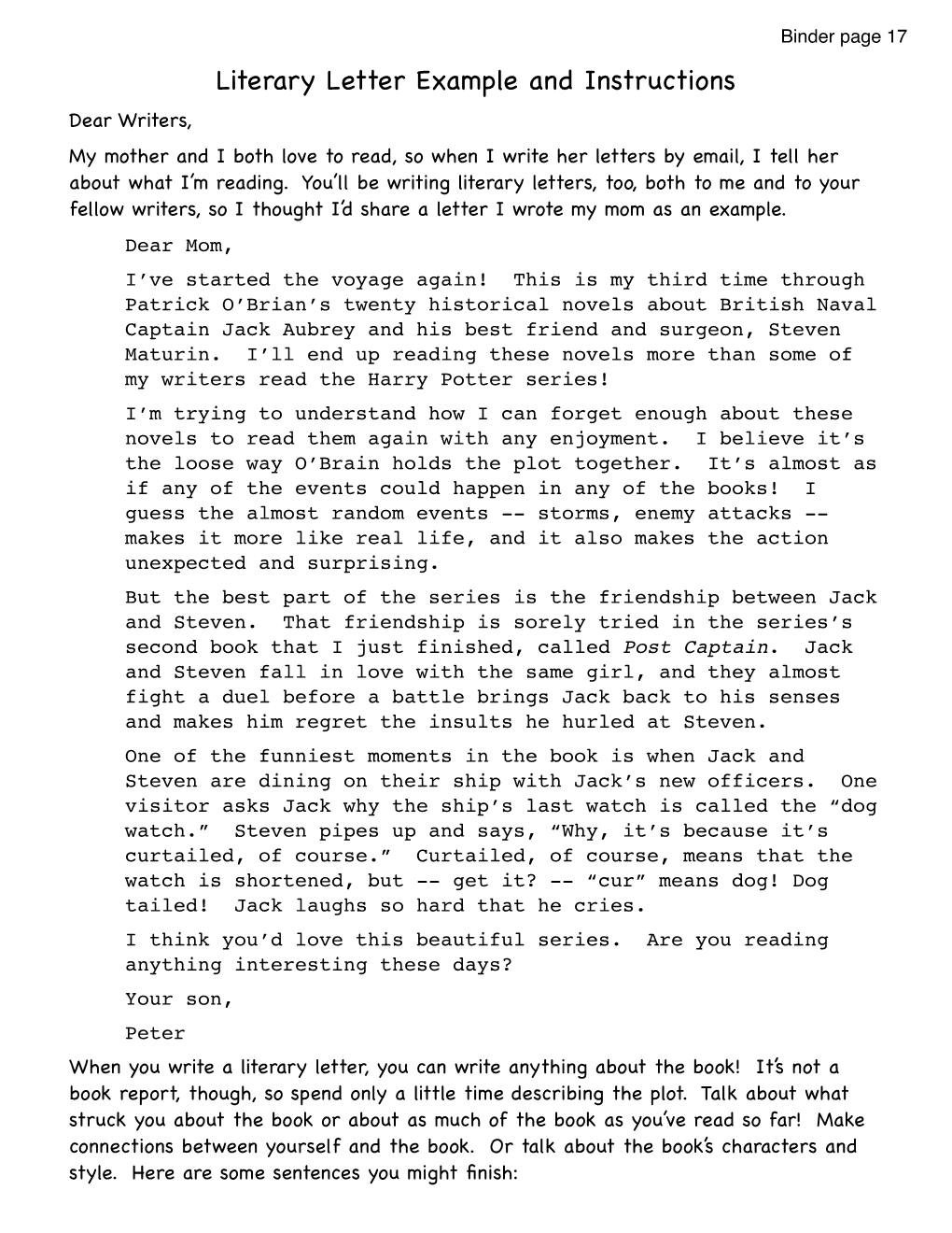 Literary Letter Example and Instructions Dear Writers, My Mother and I Both Love to Read, So When I Write Her Letters by Email, I Tell Her About What I’M Reading