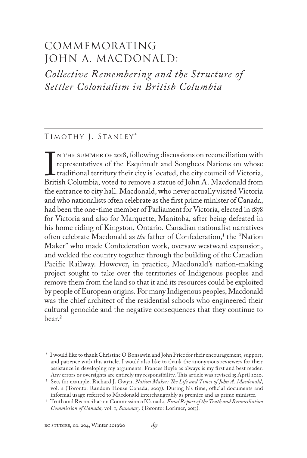 Collective Remembering and the Structure of Settler Colonialism in British Columbia