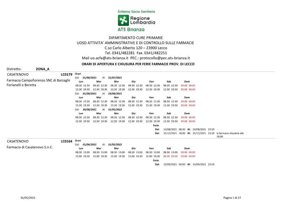 Orari E Ferie 2021/2022 LECCO