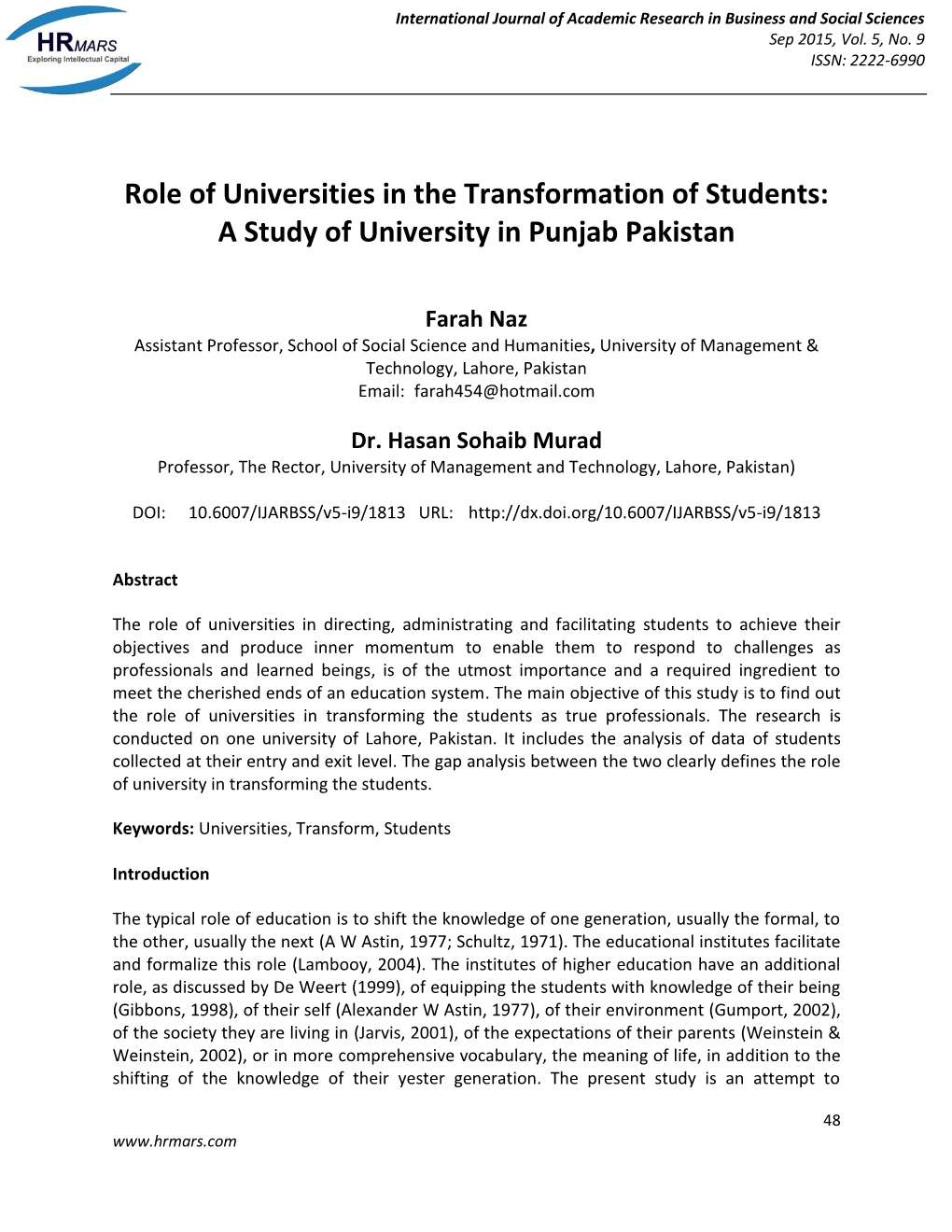 Role of Universities in the Transformation of Students: a Study of University in Punjab Pakistan