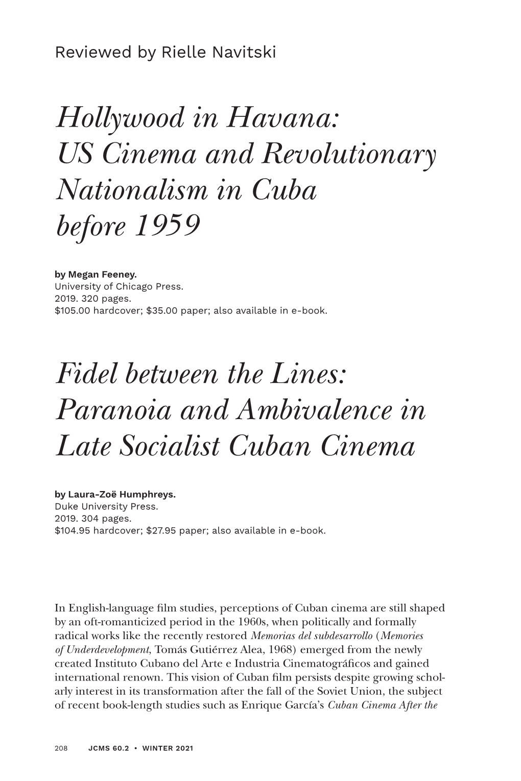 Hollywood in Havana: US Cinema and Revolutionary Nationalism in Cuba Before 1959 by Megan Feeney