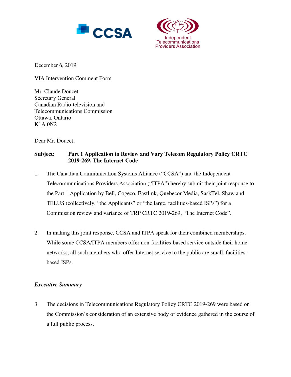 Part 1 Application to Review and Vary Telecom Regulatory Policy CRTC 2019-269, the Internet Code