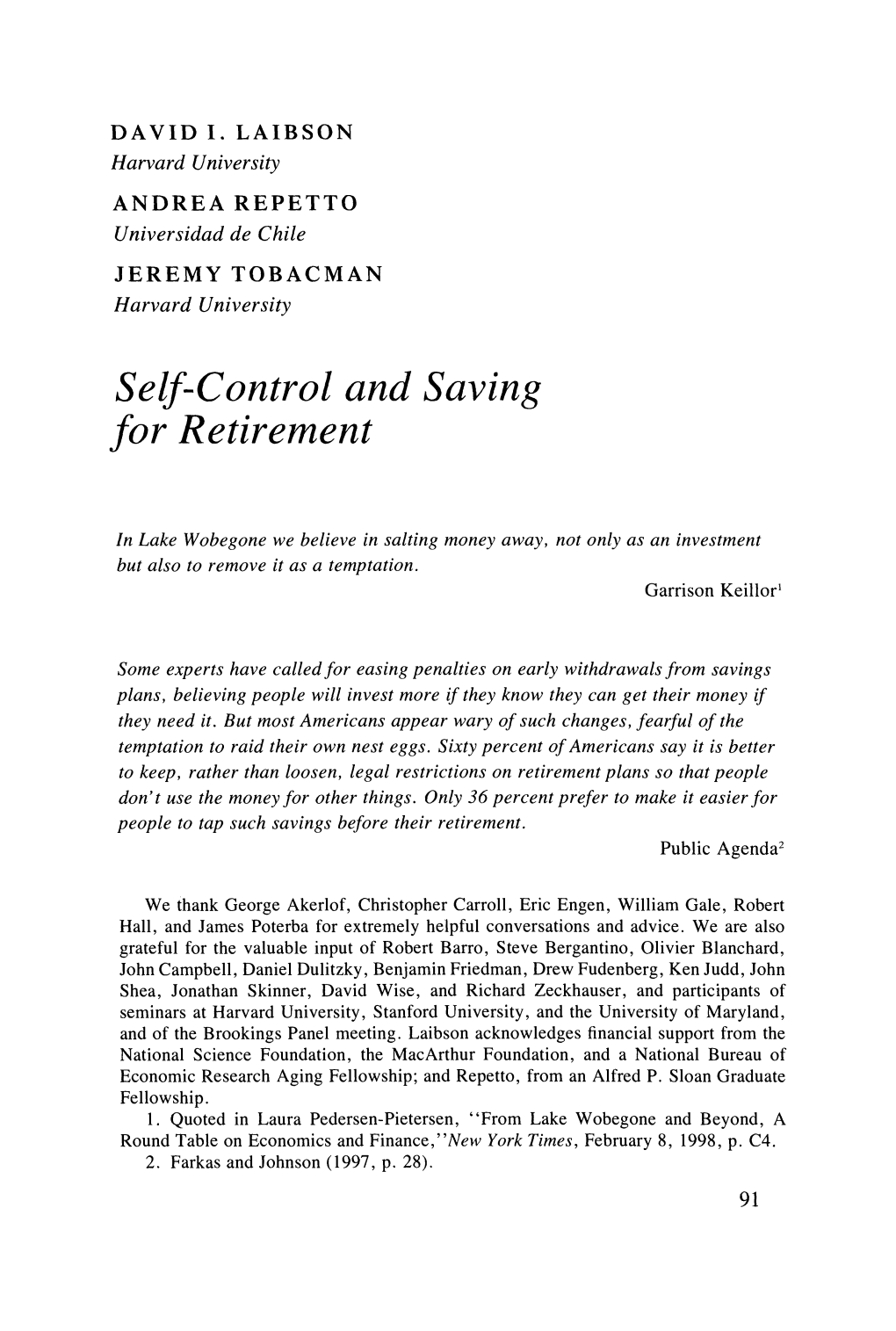 Self-Control and Saving for Retirement