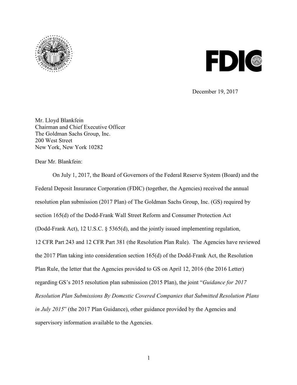 Letter to Mr. Lloyd Blankfein, the Goldman Sachs Group