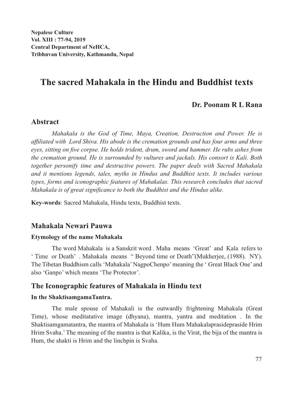 The Sacred Mahakala in the Hindu and Buddhist Texts