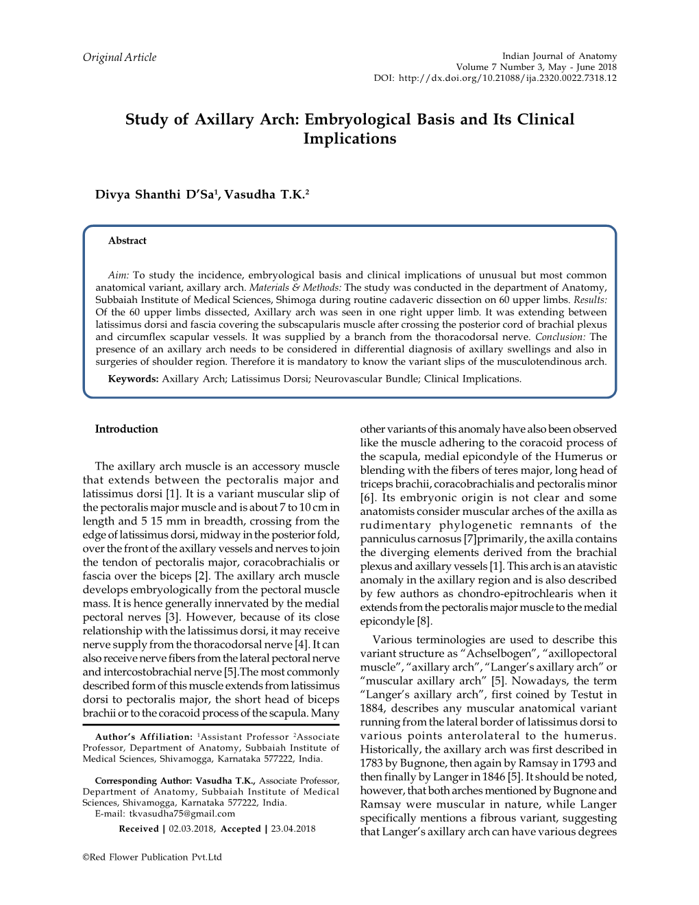 Study of Axillary Arch: Embryological Basis and Its Clinical Implications