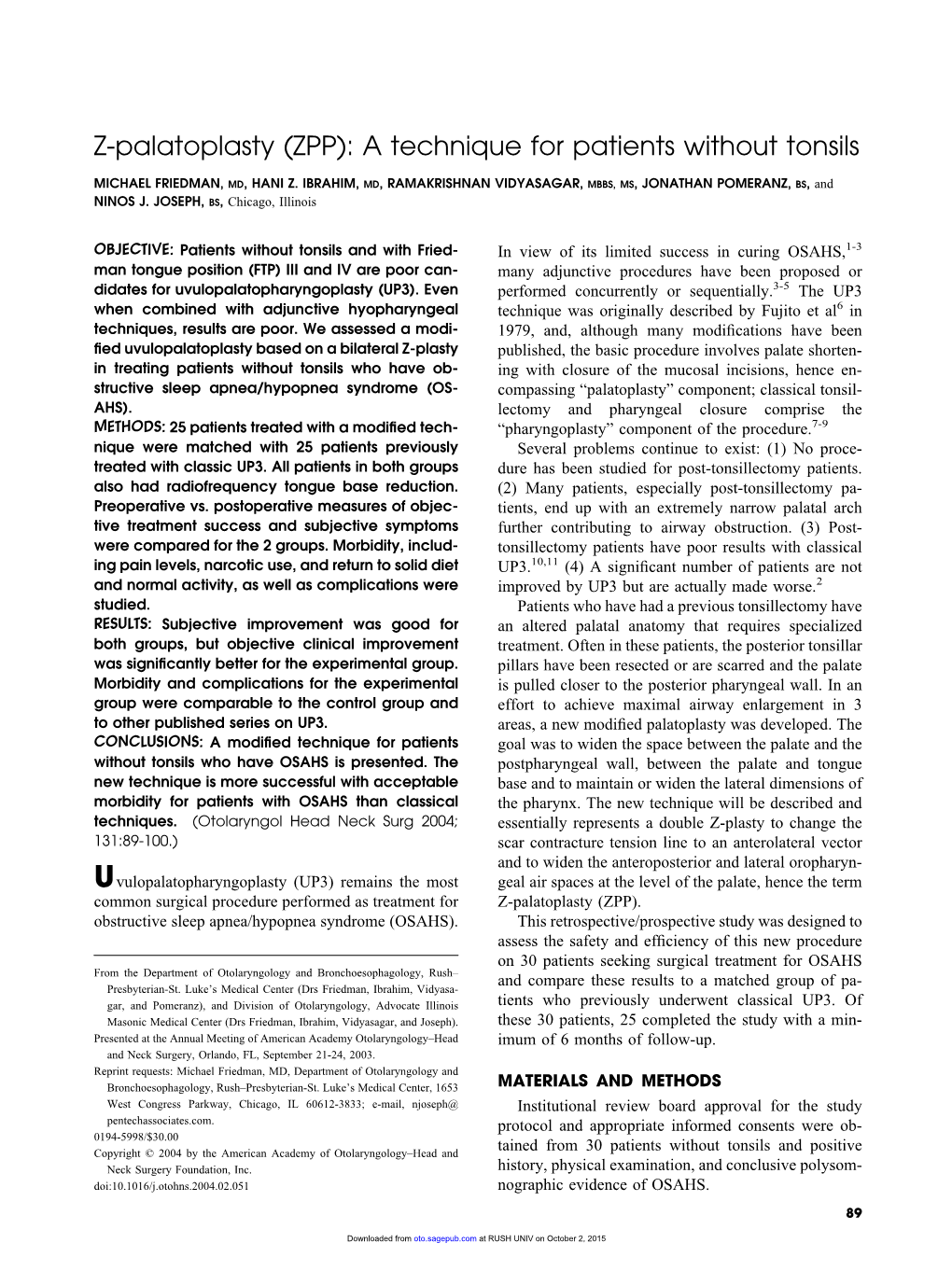 Z-Palatoplasty (ZPP): a Technique for Patients Without Tonsils