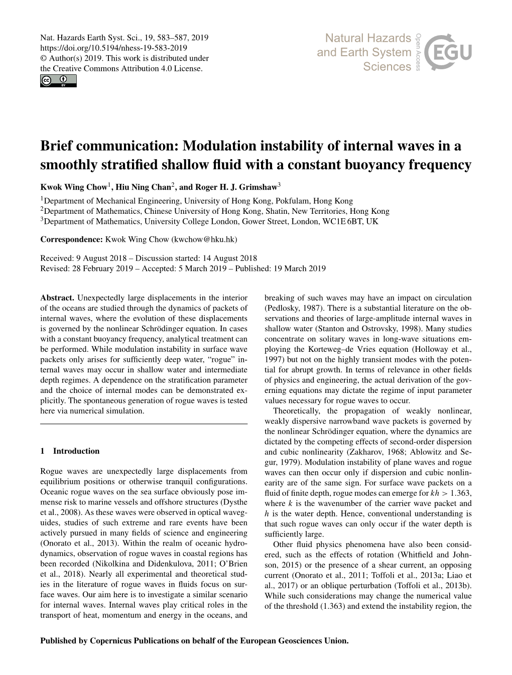 Brief Communication: Modulation Instability of Internal Waves in a Smoothly Stratified Shallow Fluid with a Constant Buoyancy Fr