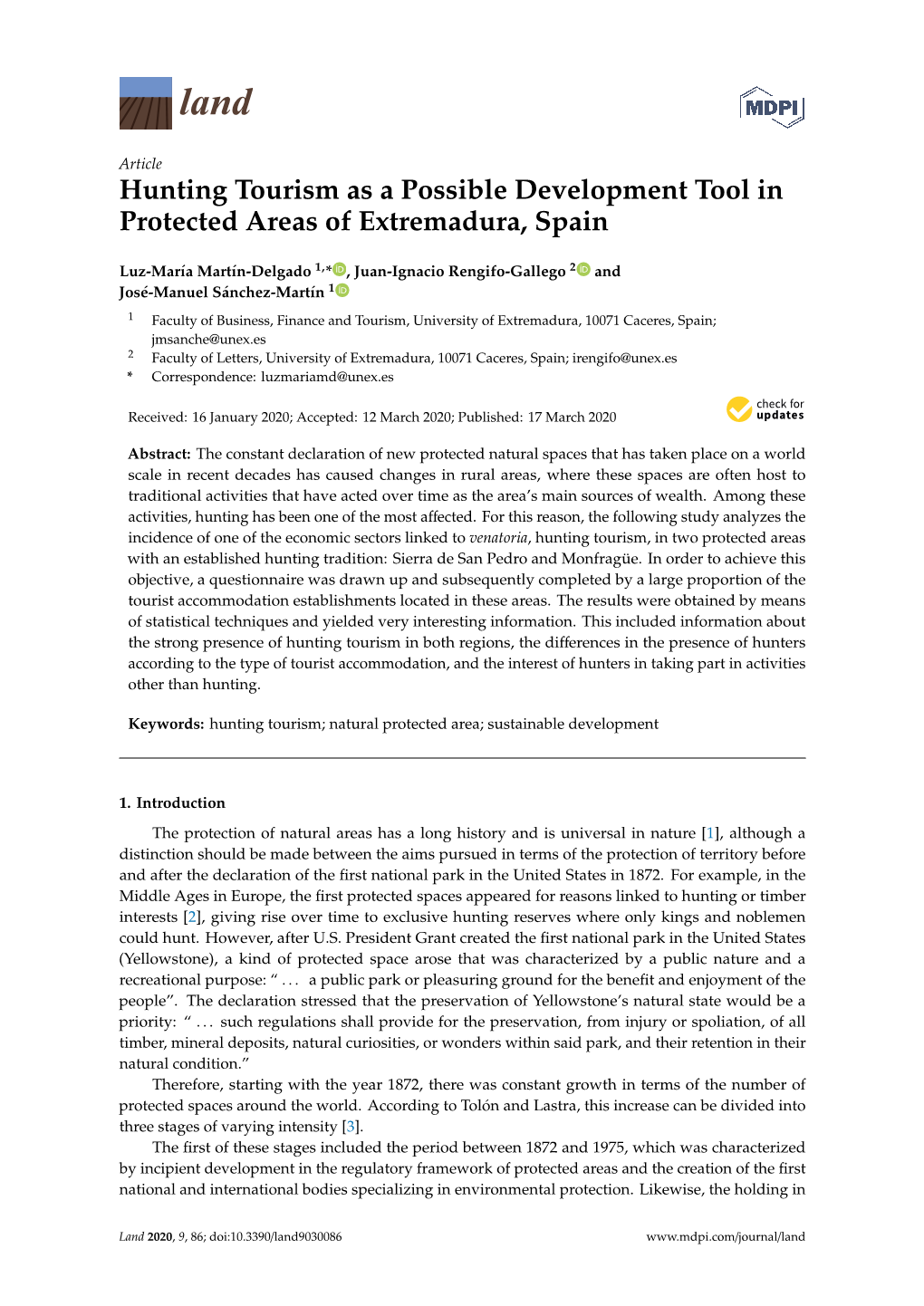 Hunting Tourism As a Possible Development Tool in Protected Areas of Extremadura, Spain