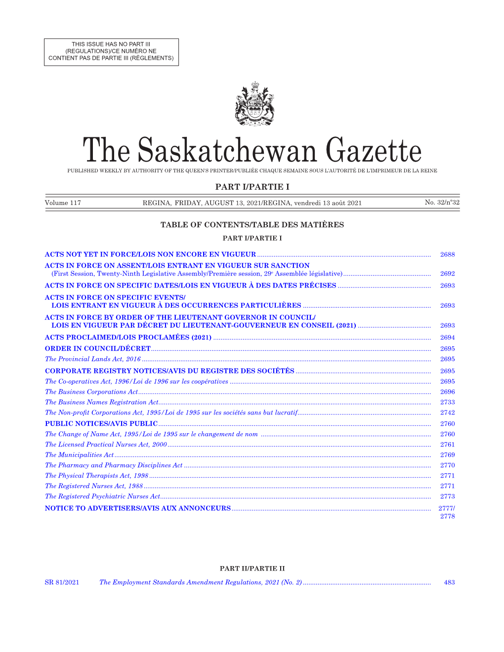 Gazette Part I, August 13, 2021