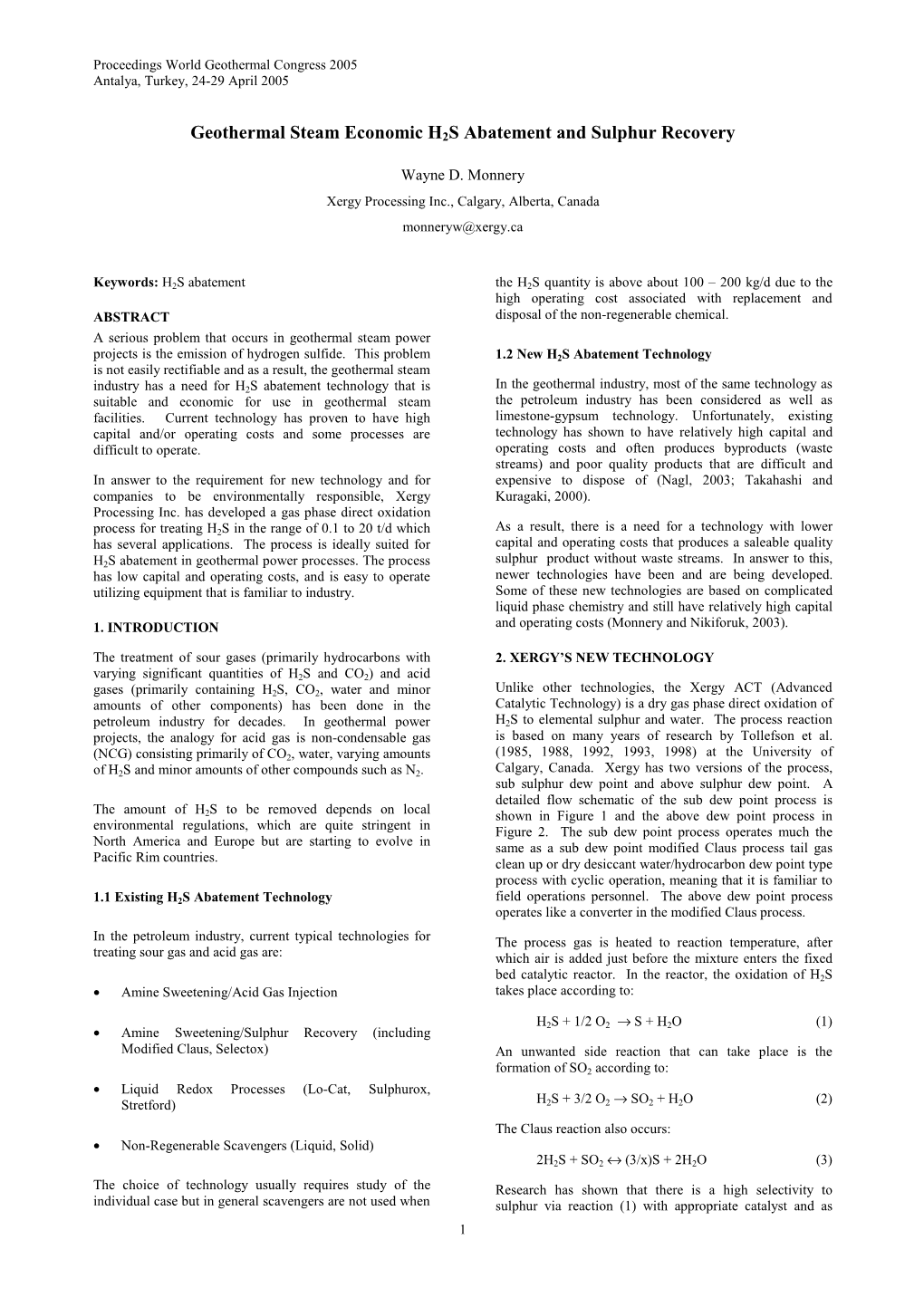 Geothermal Steam Economic H2S Abatement and Sulfur Recovery