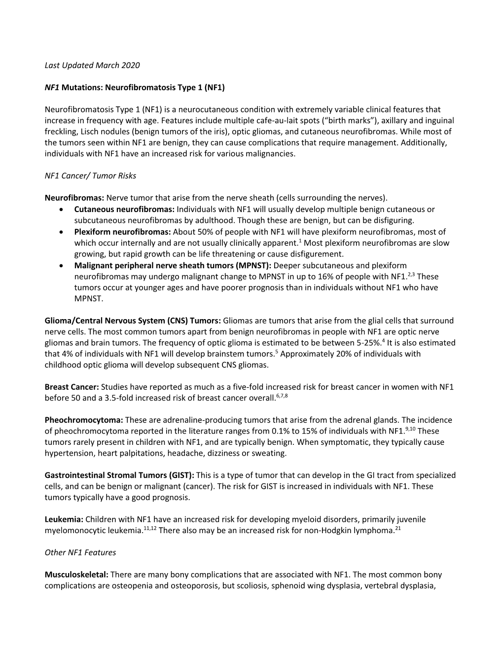 Last Updated March 2020 NF1 Mutations: Neurofibromatosis Type 1