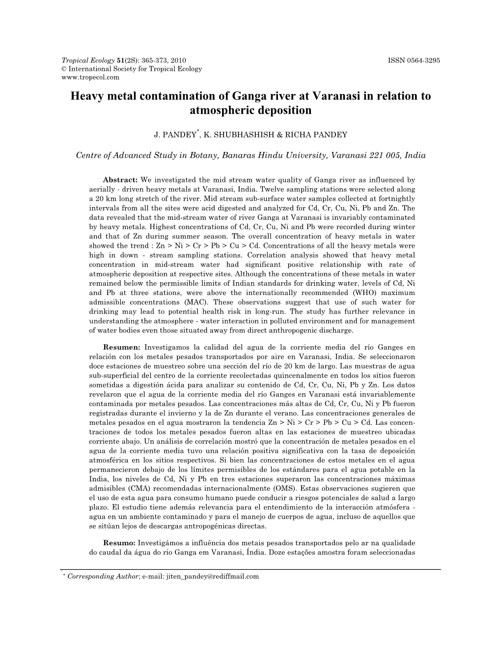 Heavy Metal Contamination of Ganga River at Varanasi in Relation to Atmospheric Deposition