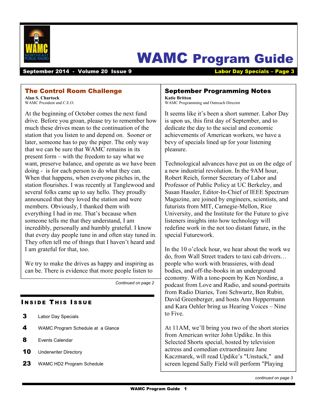 WAMC Program Guide September 2014 - Volume 20 Issue 9 Labor Day Specials – Page 3