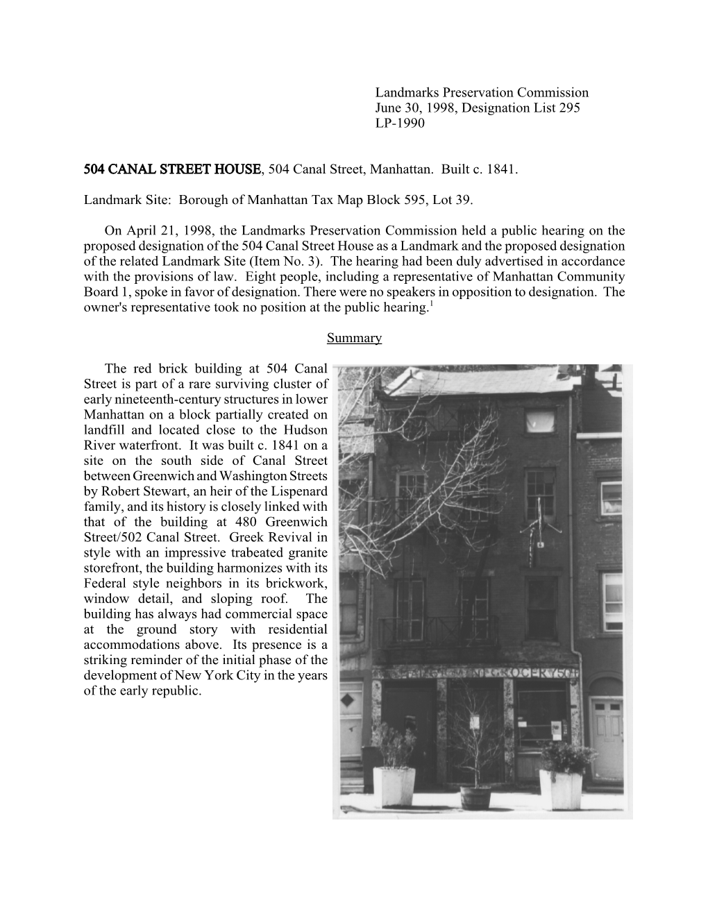 504 Canal Street House Designation Report