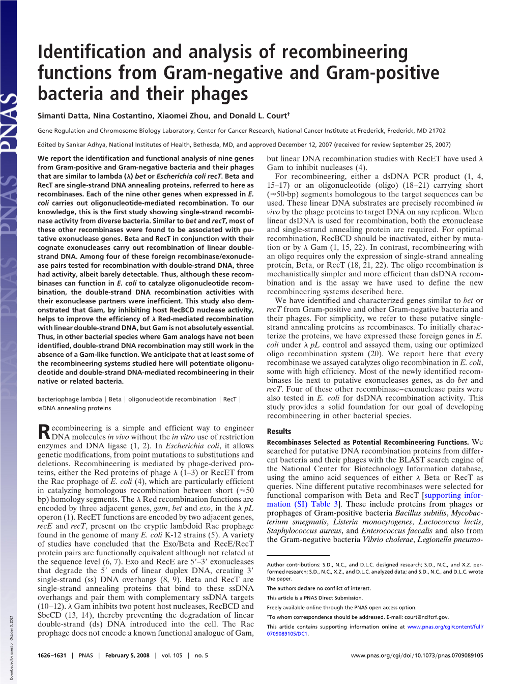 Identification and Analysis of Recombineering Functions from Gram-Negative and Gram-Positive Bacteria and Their Phages