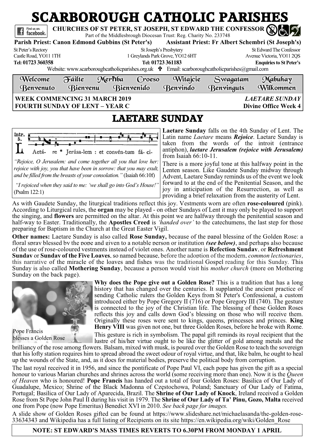 31 MARCH 2019 LAETARE SUNDAY FOURTH SUNDAY of LENT – YEAR C Divine Office Week 4