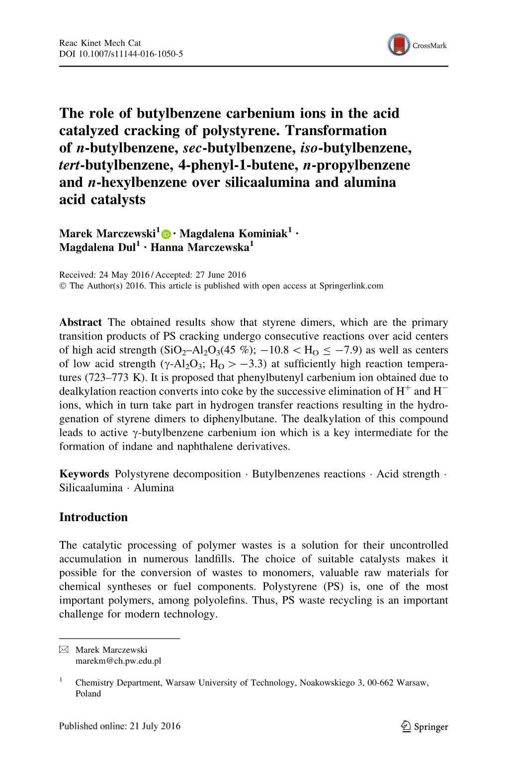 The Role of Butylbenzene Carbenium Ions in the Acid Catalyzed Cracking of Polystyrene